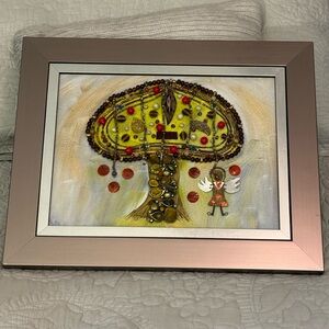Whimsical Mixed Media Jewelry Art Tree of Life with Angel 13x16 Framed